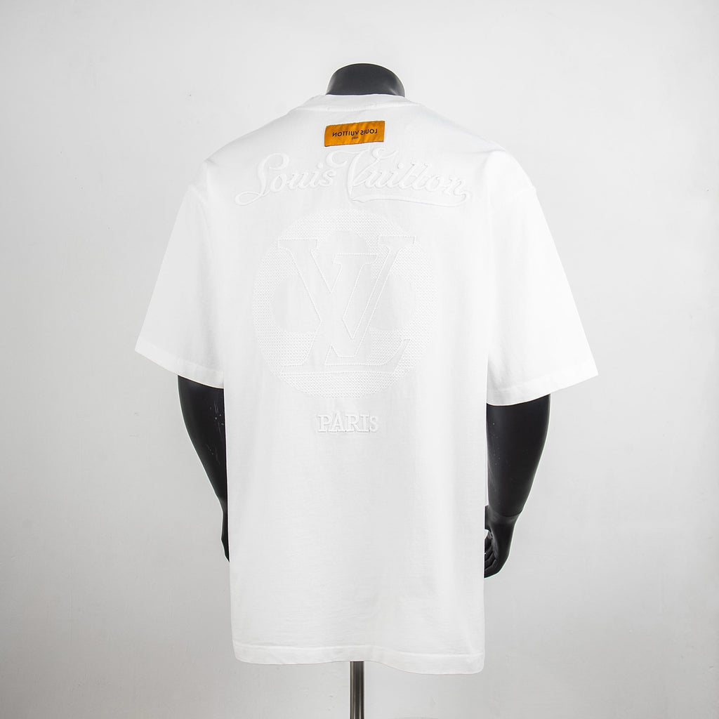 Louis Vuitton white short-sleeve T-shirt, back graphic and Paris text.