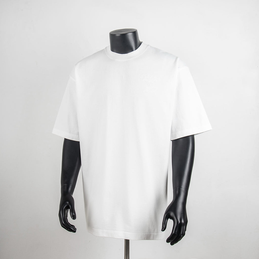 White crewneck T-shirt with short sleeves on a mannequin
