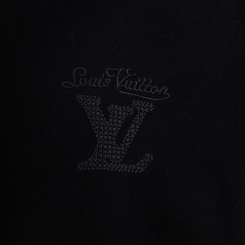 Black T-shirt front logo with Louis Vuitton signature and LV emblem.