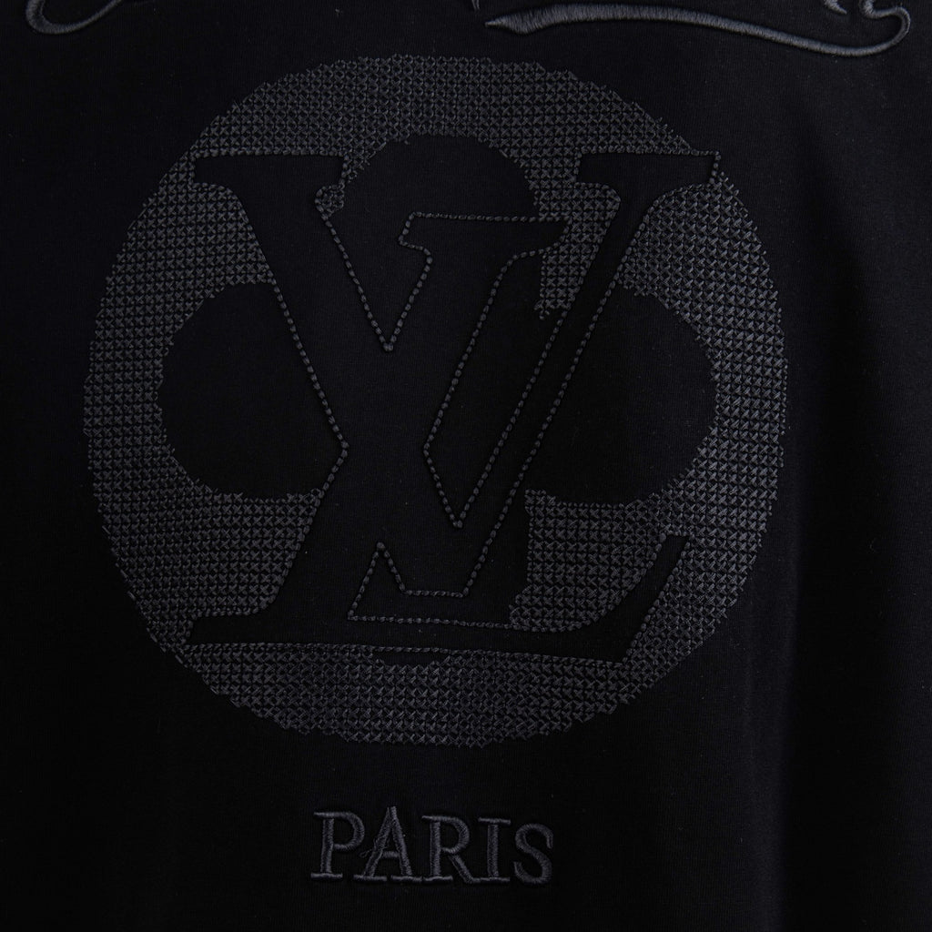 Black T-shirt back graphic with large LV emblem and PARIS text.