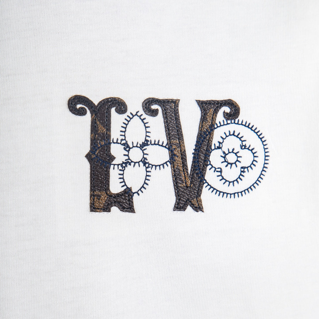 White T-shirt with black embroidered-style 'LV' logo graphic