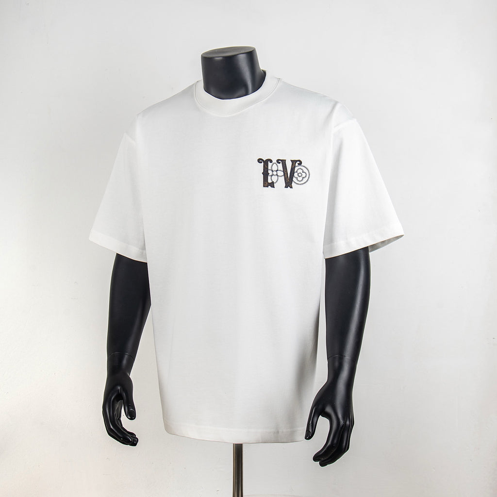 White crewneck T-shirt with black LV monogram chest graphic