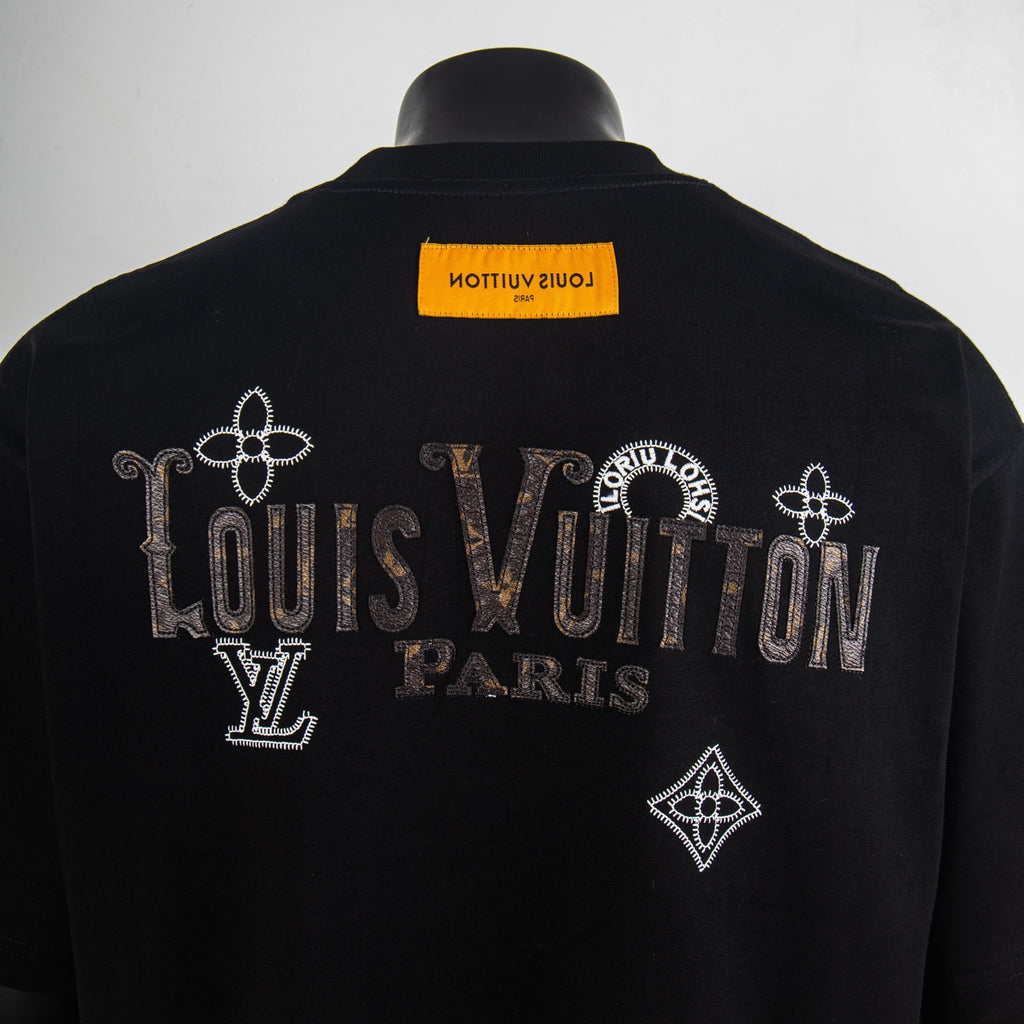 Black T-shirt back with large Louis Vuitton Paris logo and diamond emblem