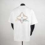 White crew-neck T-shirt with star-shaped rhinestone back logo, short sleeves.