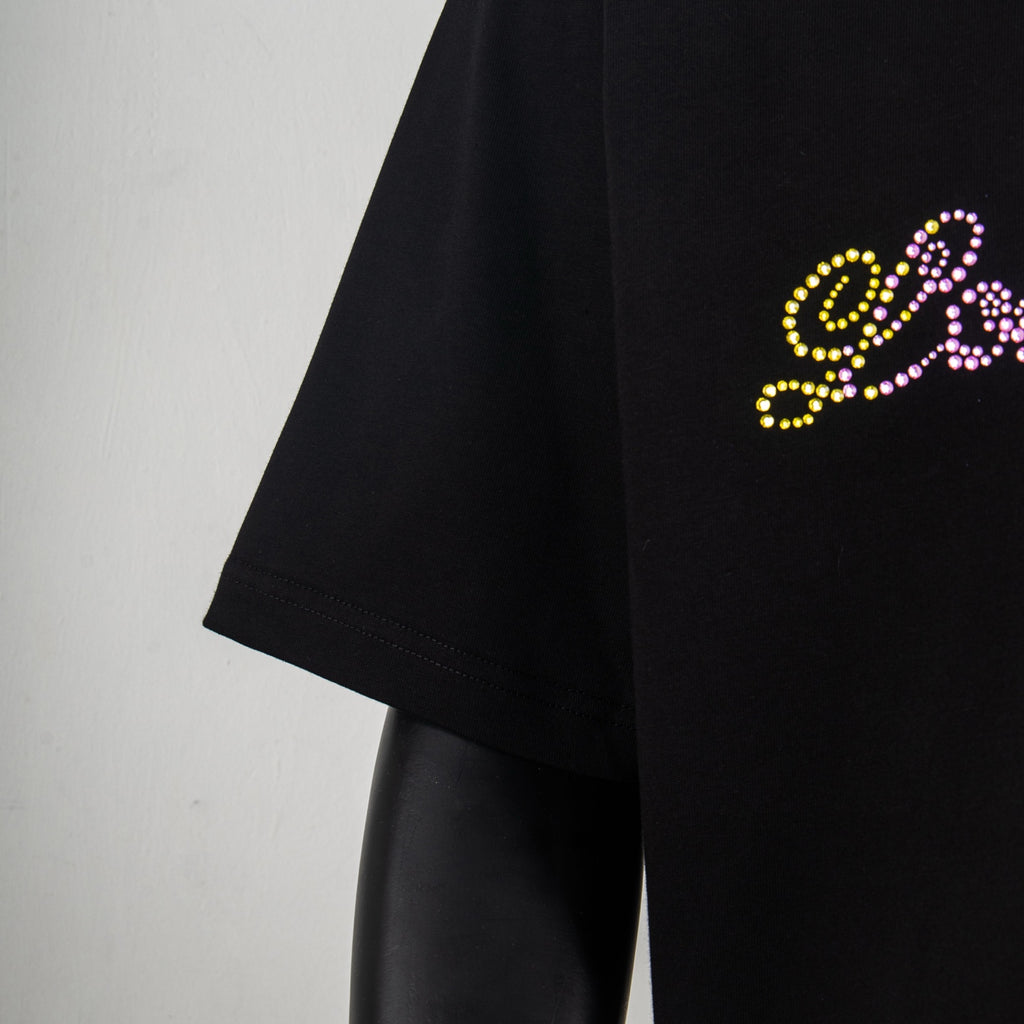 Black short-sleeve T-shirt with rhinestone script on sleeve