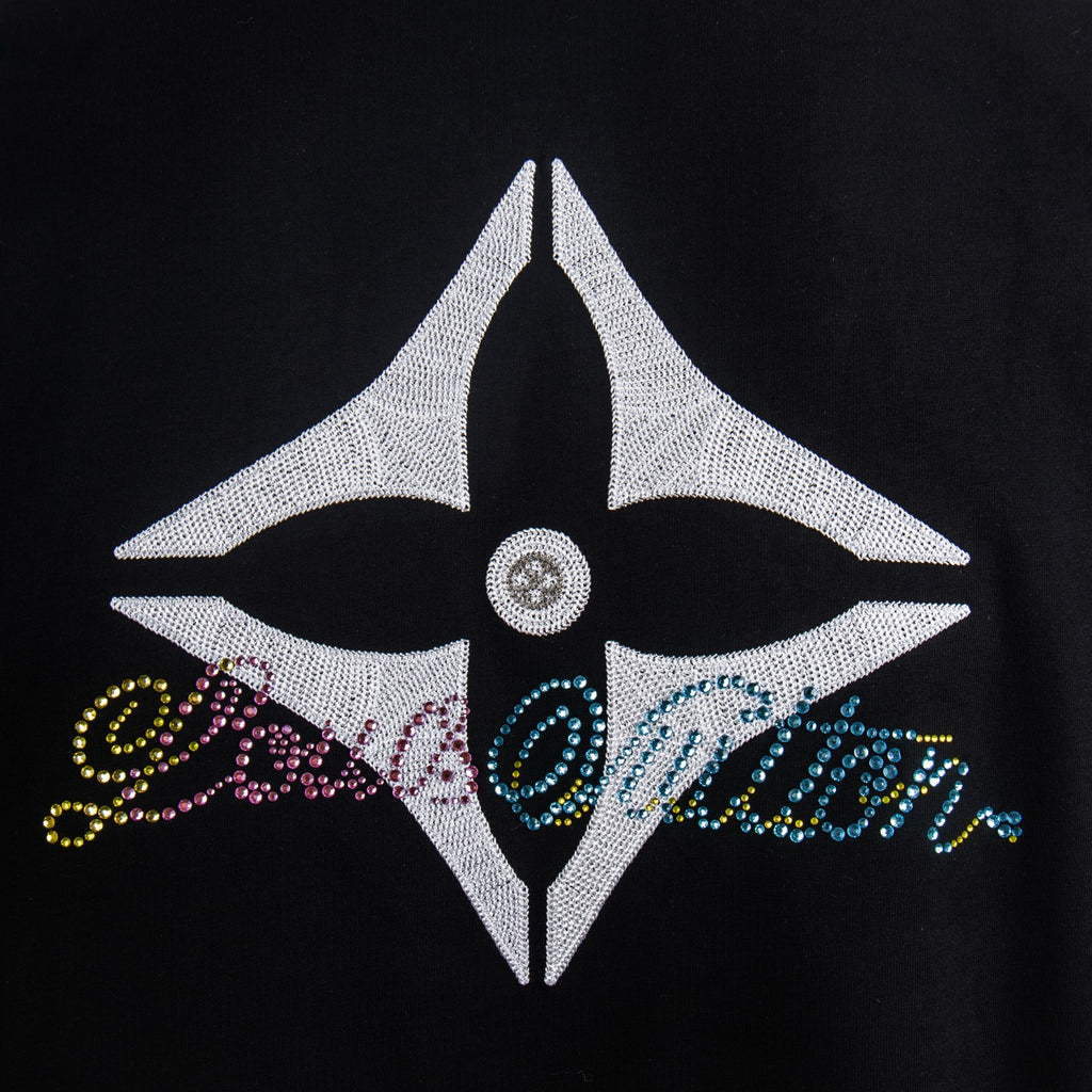 Black T-shirt rhinestone star graphic with multicolor detail