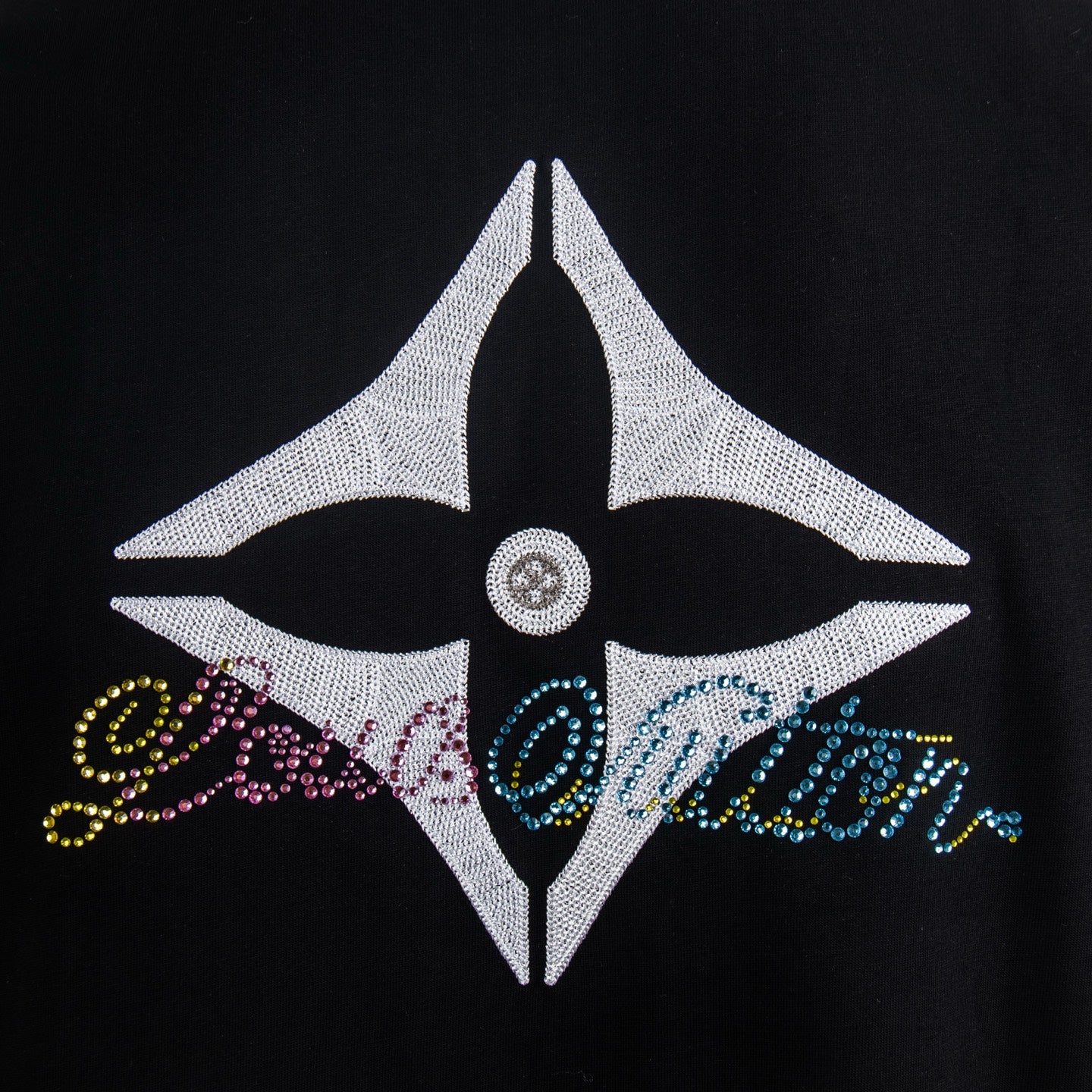 Black T-shirt rhinestone star graphic with multicolor detail