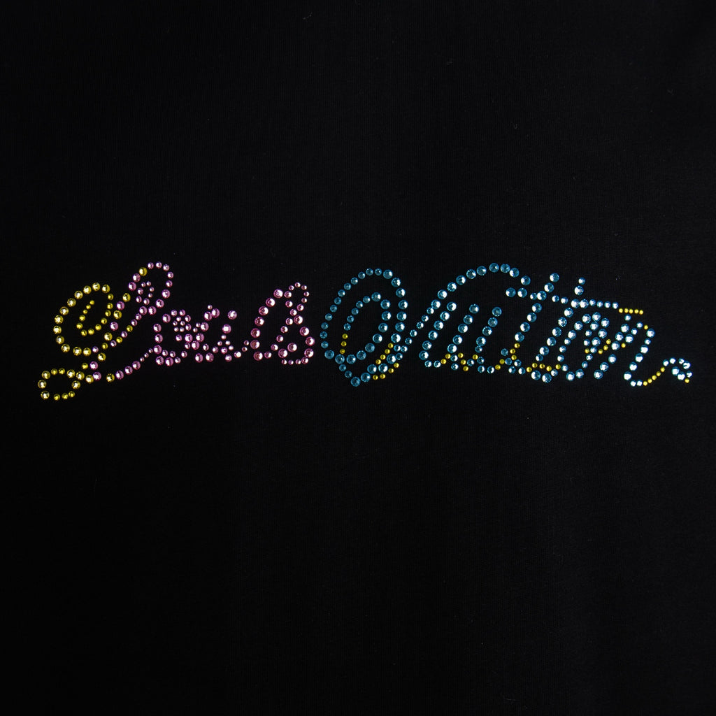 Black T-shirt front rhinestone script lettering in yellow, pink, and blue