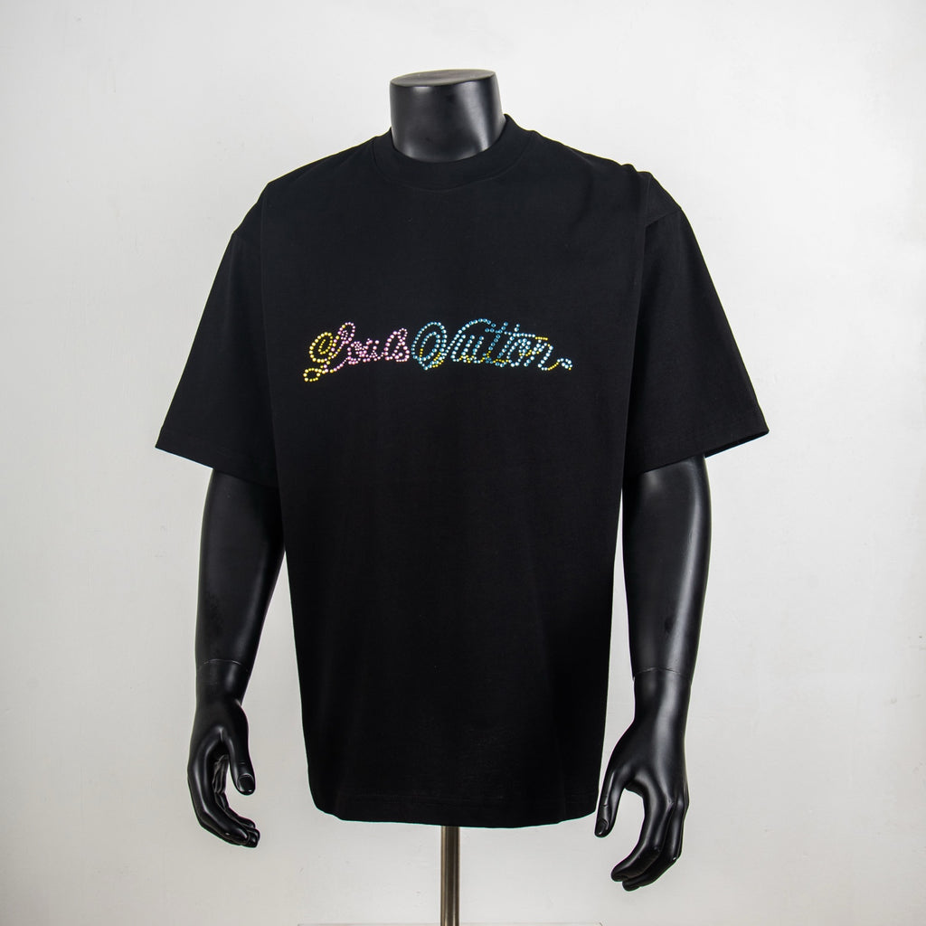 Louis Vuitton black T-shirt with multicolor rhinestone logo on chest