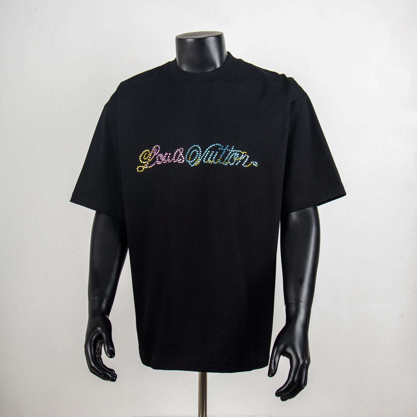 Louis Vuitton black T-shirt with multicolor rhinestone logo on chest