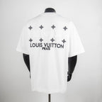 White short-sleeve T-shirt, back graphic with Louis Vuitton Prais text and cross motifs