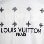 White short-sleeve T-shirt with Louis Vuitton Prais lettering and fleur-de-lis motifs