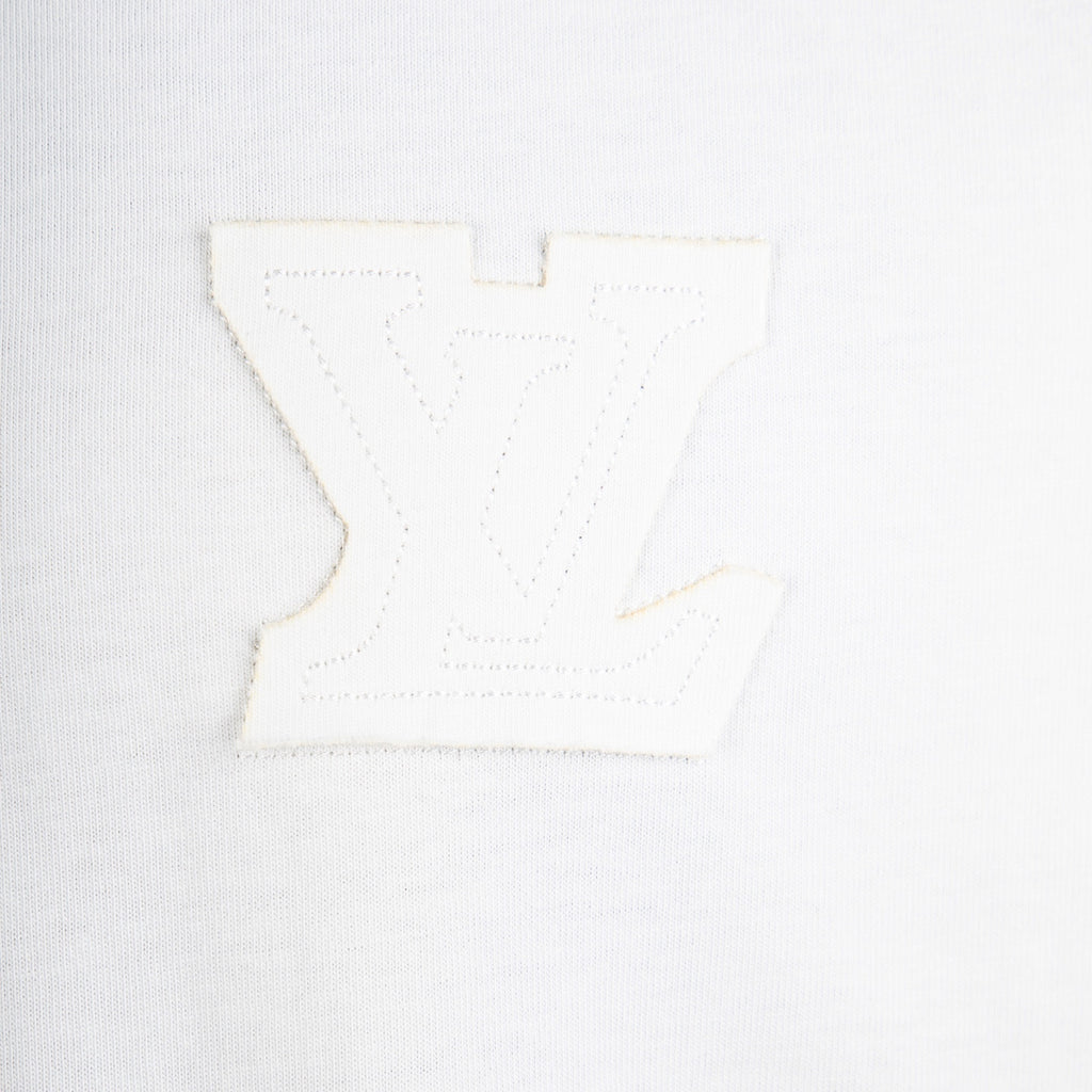 White T-shirt front panel with large embroidered LV monogram applique