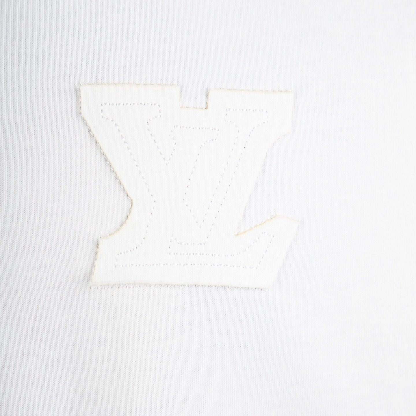 White T-shirt front panel with large embroidered LV monogram applique
