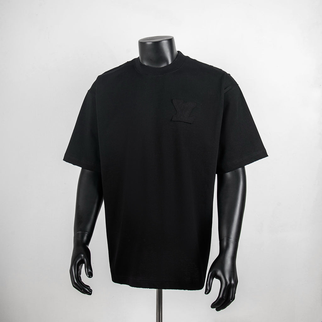 Black crew-neck T-shirt with short sleeves and small chest LV logo
