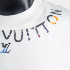 Louis Vuitton white T-shirt crew neck with multicolor logo text print detail.