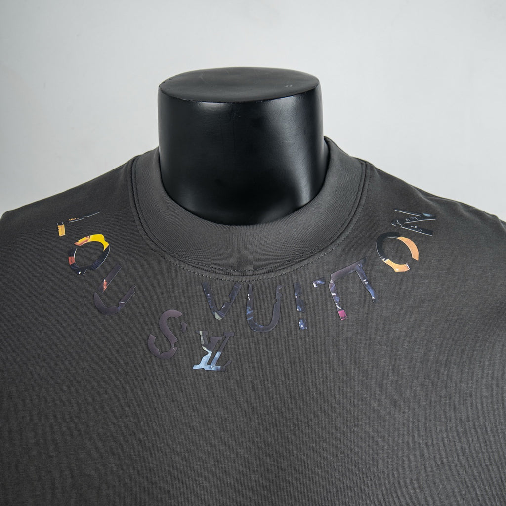 Dark gray short-sleeve T-shirt with colorful logo embroidery across the upper chest