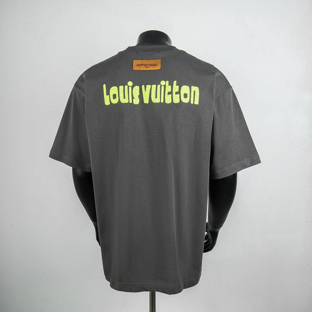 Charcoal short-sleeve T-shirt with neon green Louis Vuitton logo on back