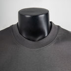 Charcoal ribbed crew neckline of a short-sleeve T-shirt