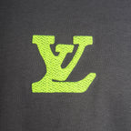 Neon green LV logo graphic on charcoal short-sleeve T-shirt