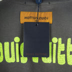 Charcoal T-shirt hang tag over neon green Louis Vuitton logo print
