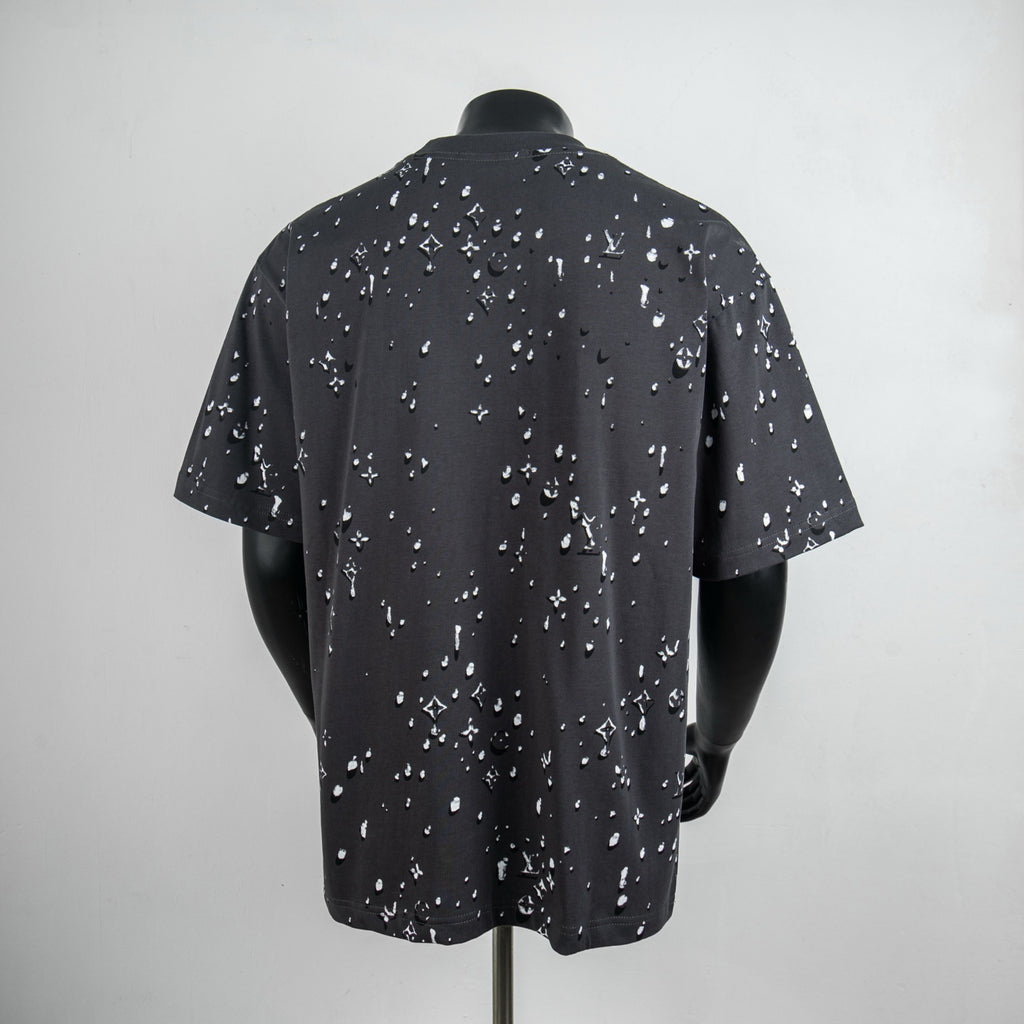 Black short-sleeve T-shirt with allover white logo pattern, crew neck