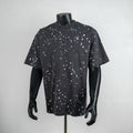 Black short-sleeve T-shirt with scattered white logo pattern
