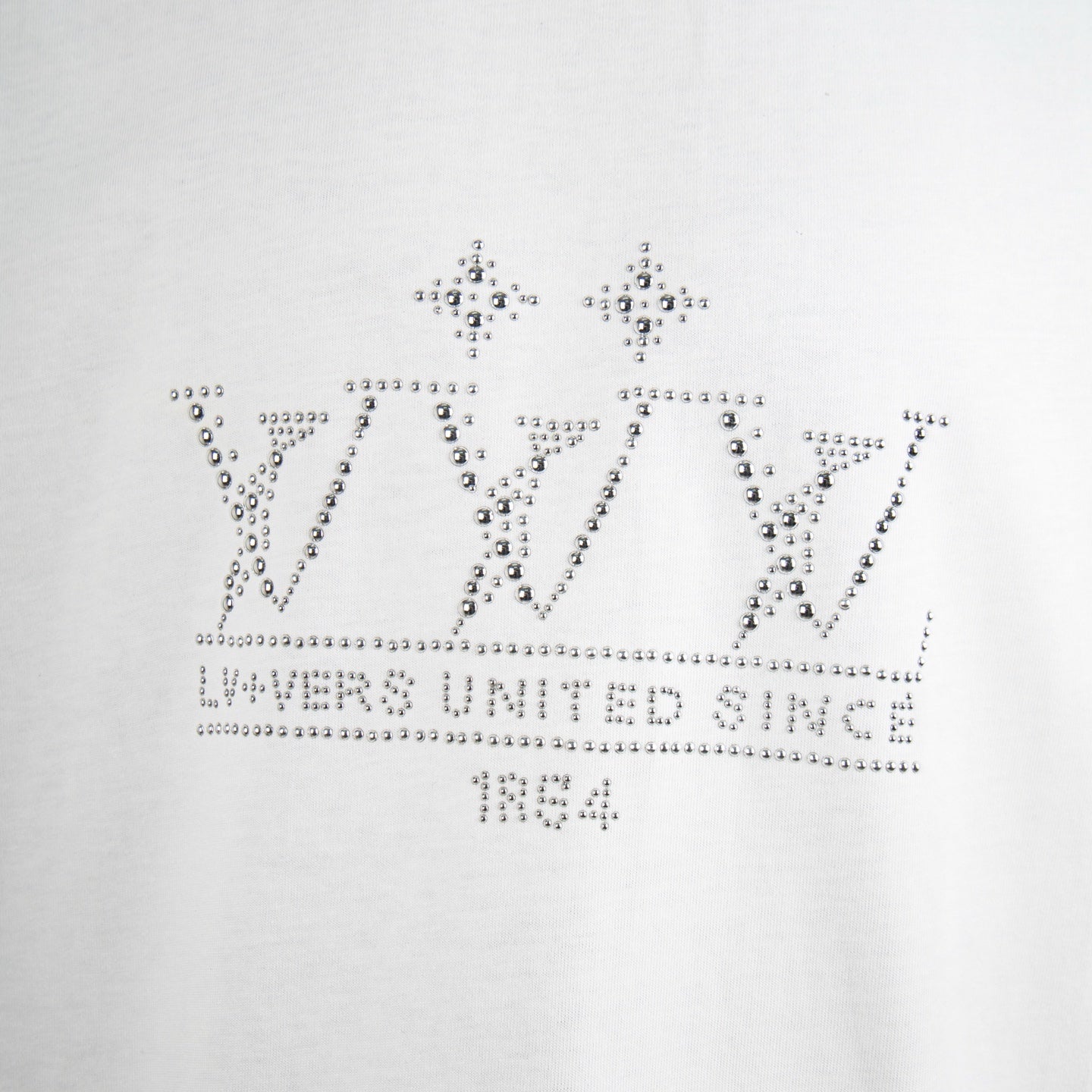 White short-sleeve T-shirt front with rhinestone 'since' style logo