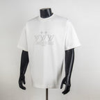 White short-sleeve T-shirt with rhinestone logo graphic at chest