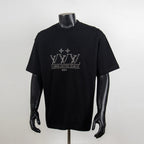 Black short-sleeve T-shirt with rhinestone logo graphic on chest