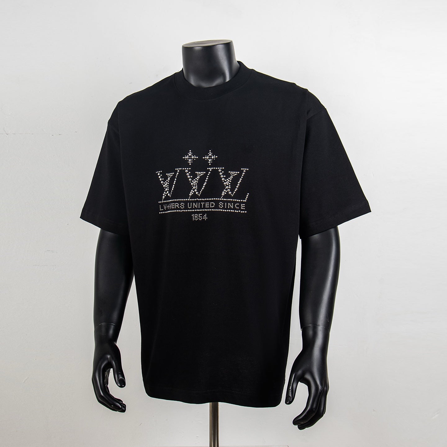Black short-sleeve T-shirt with rhinestone logo graphic on chest