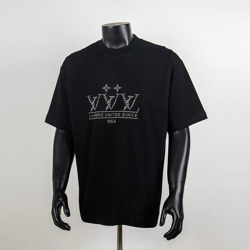 Louis Vuitton black T-shirt with rhinestone logo graphic and crew neckline