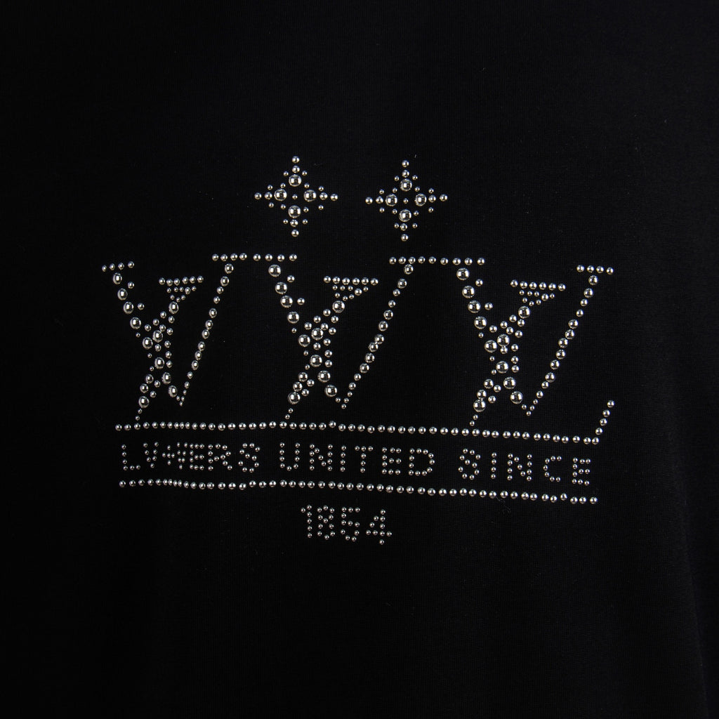 Black T-shirt front rhinestone LV-style logo and text