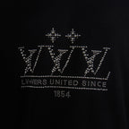 Black T-shirt front rhinestone LV-style logo and text