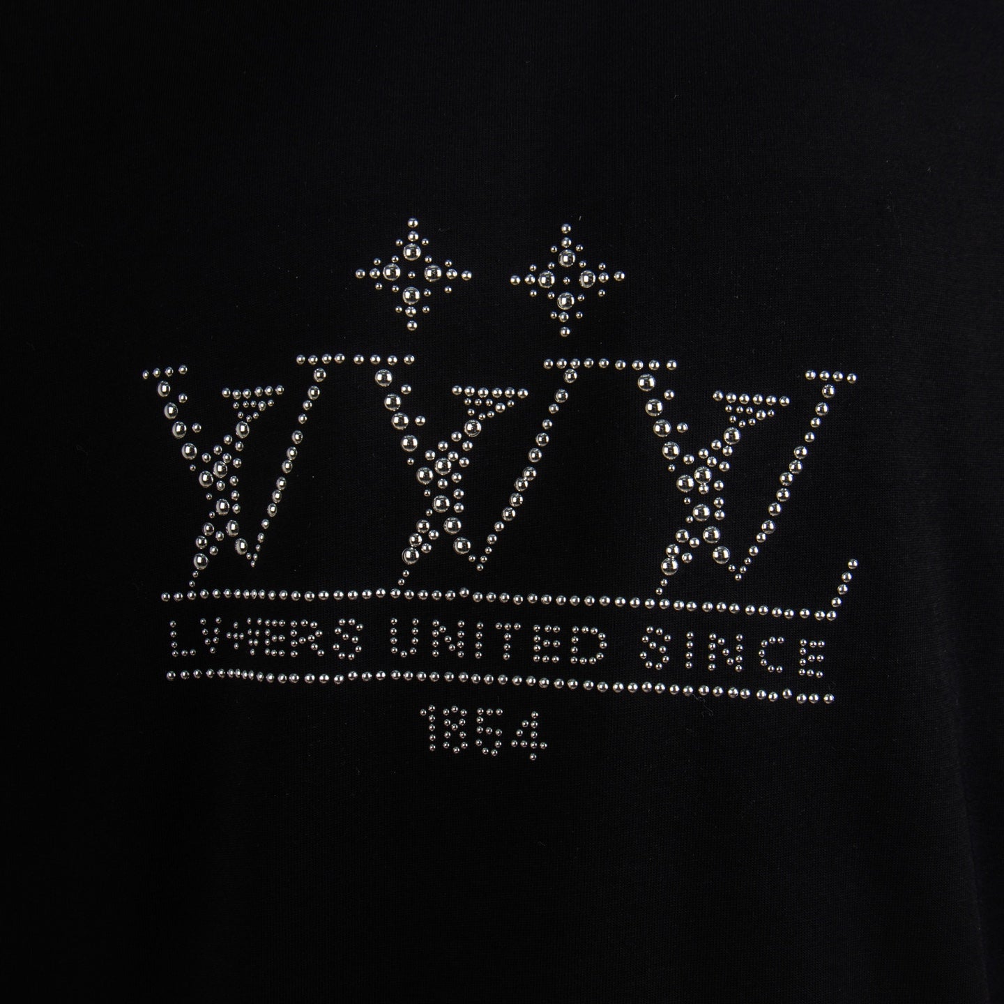 Black T-shirt front rhinestone graphic lettering
