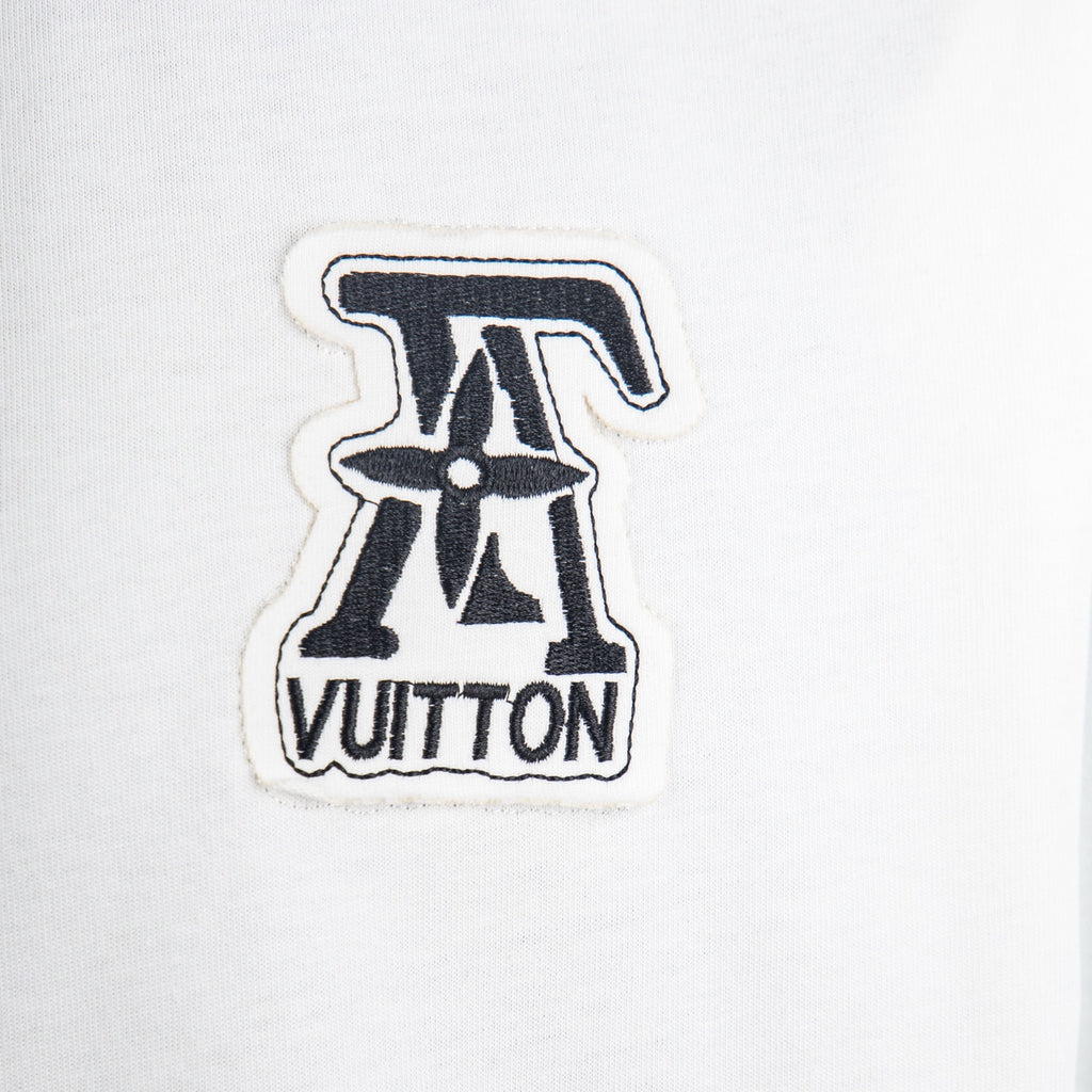 LV logo patch on white crew-neck T-shirt chest