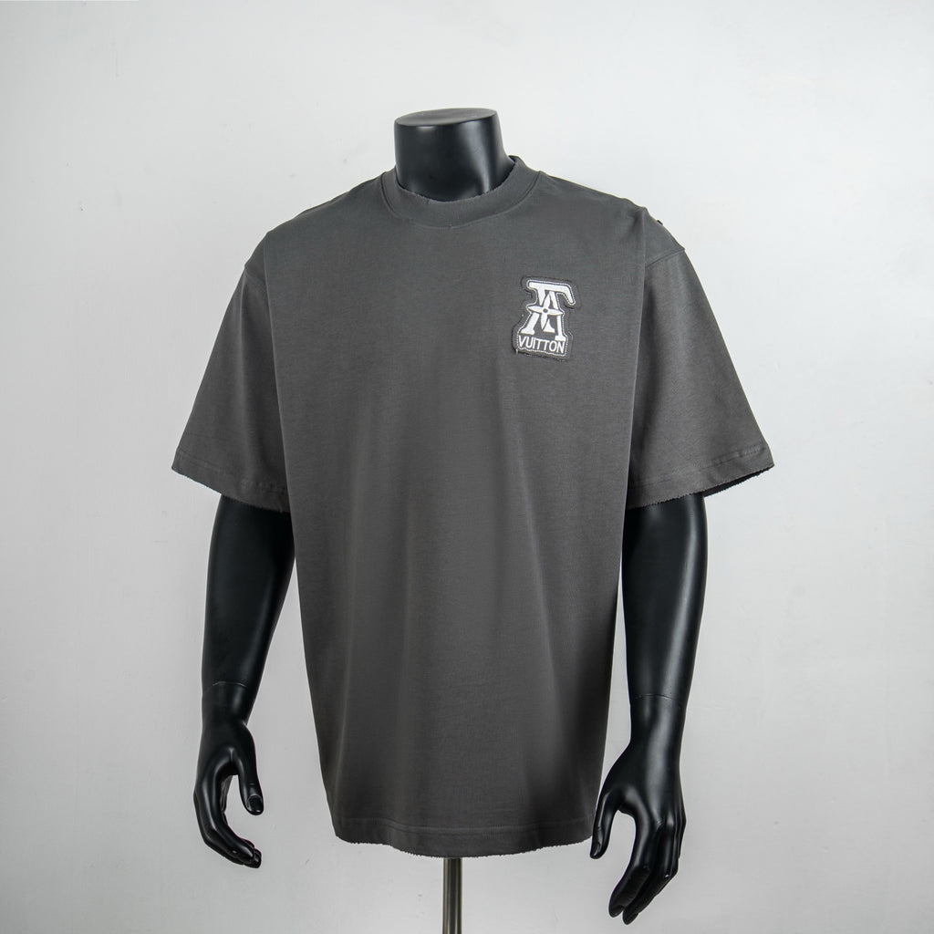 Louis Vuitton short-sleeve T-shirt, dark gray, crew neck, small chest logo patch.