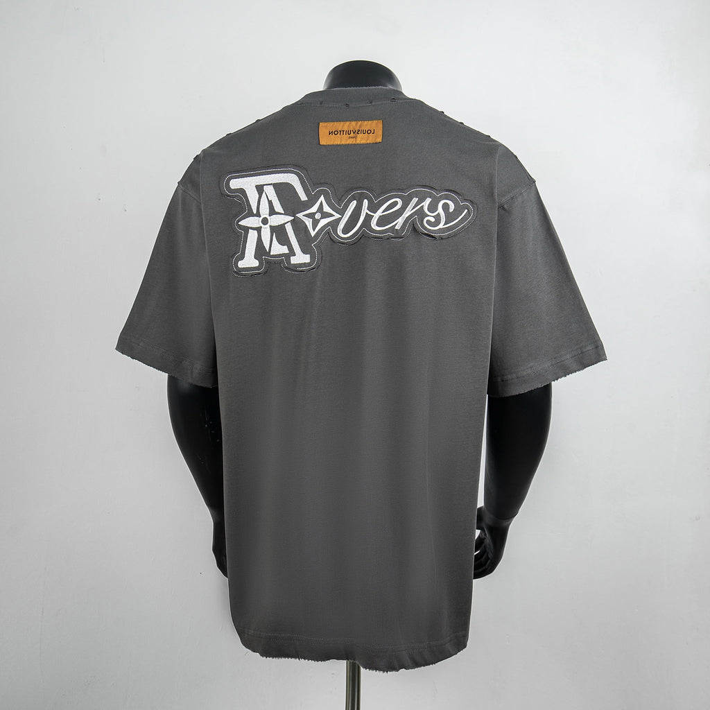 Louis Vuitton short-sleeve T-shirt, dark gray, large back graphic, crew neck.