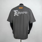 Dark gray crewneck T-shirt with large back logo graphic