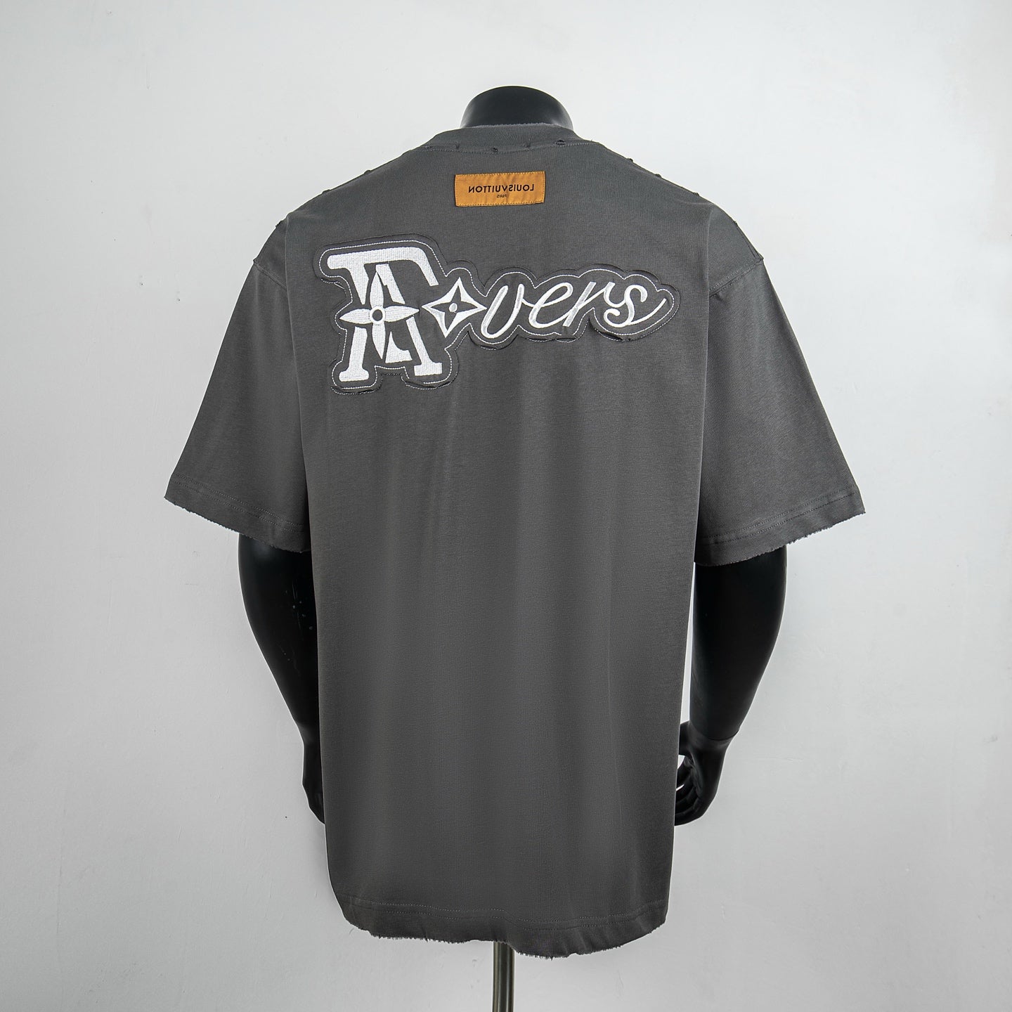 Dark gray crewneck T-shirt with large back logo graphic