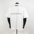 White crew-neck T-shirt with Louis Vuitton lettering and embossed logo on back