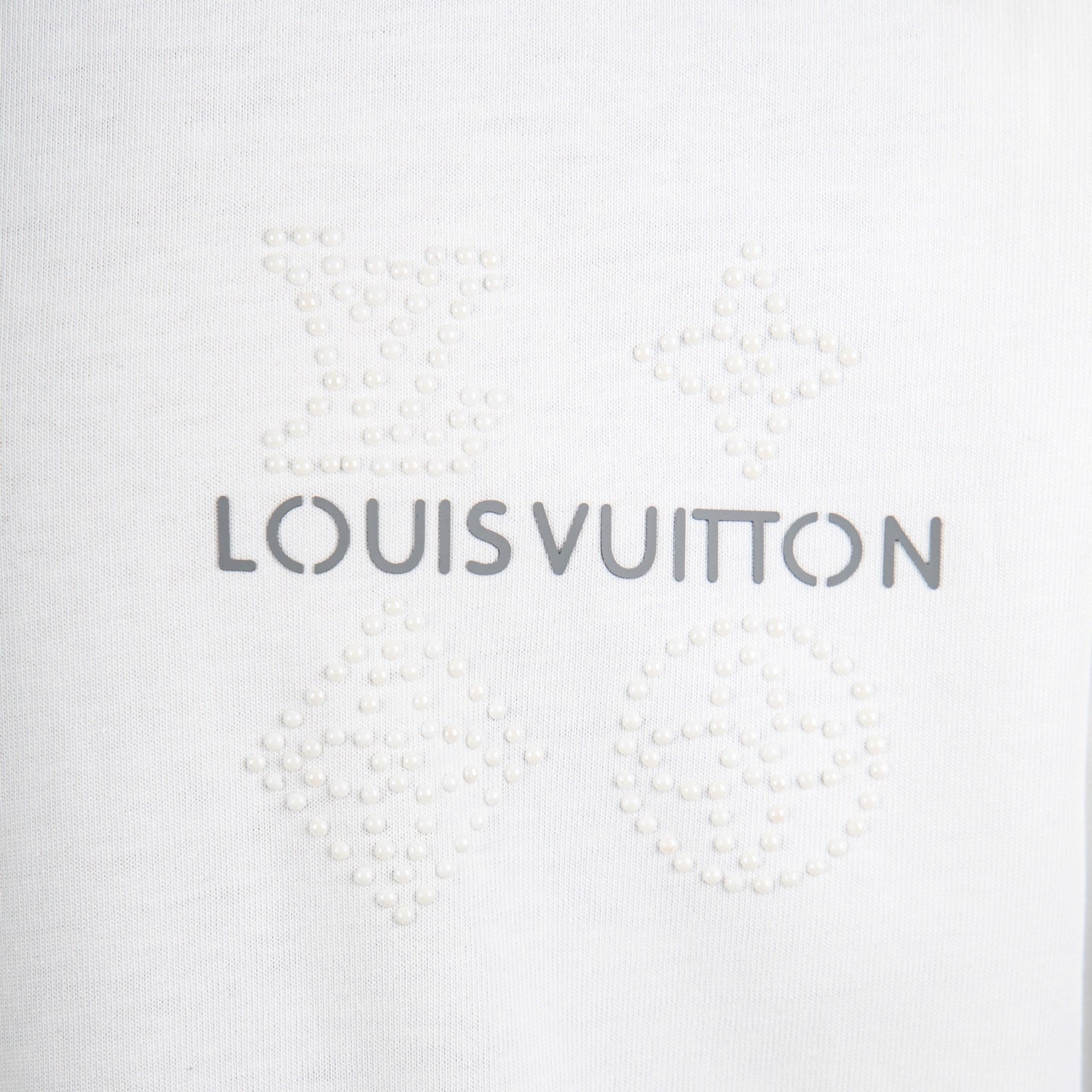 White T-shirt with raised beaded-style Louis Vuitton logo