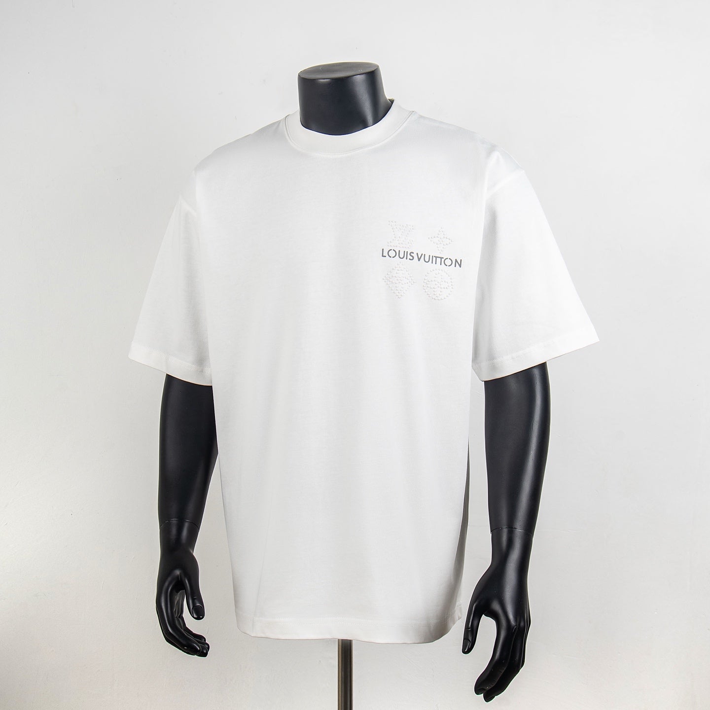 White crew-neck T-shirt with short sleeves and Louis Vuitton logo on chest