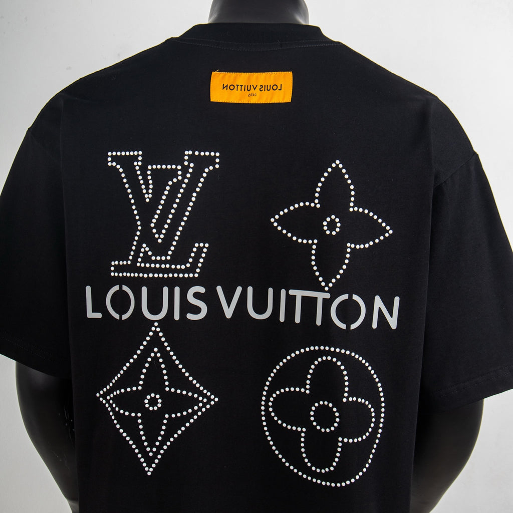 Black T-shirt back with rhinestone Louis Vuitton text and star, clover, diamond motifs