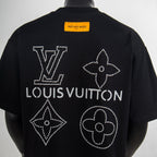 Black T-shirt back with rhinestone Louis Vuitton text and star, clover, diamond motifs