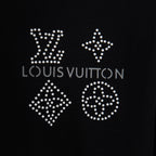 Louis Vuitton black short-sleeve T-shirt front close-up with rhinestone emblems and text