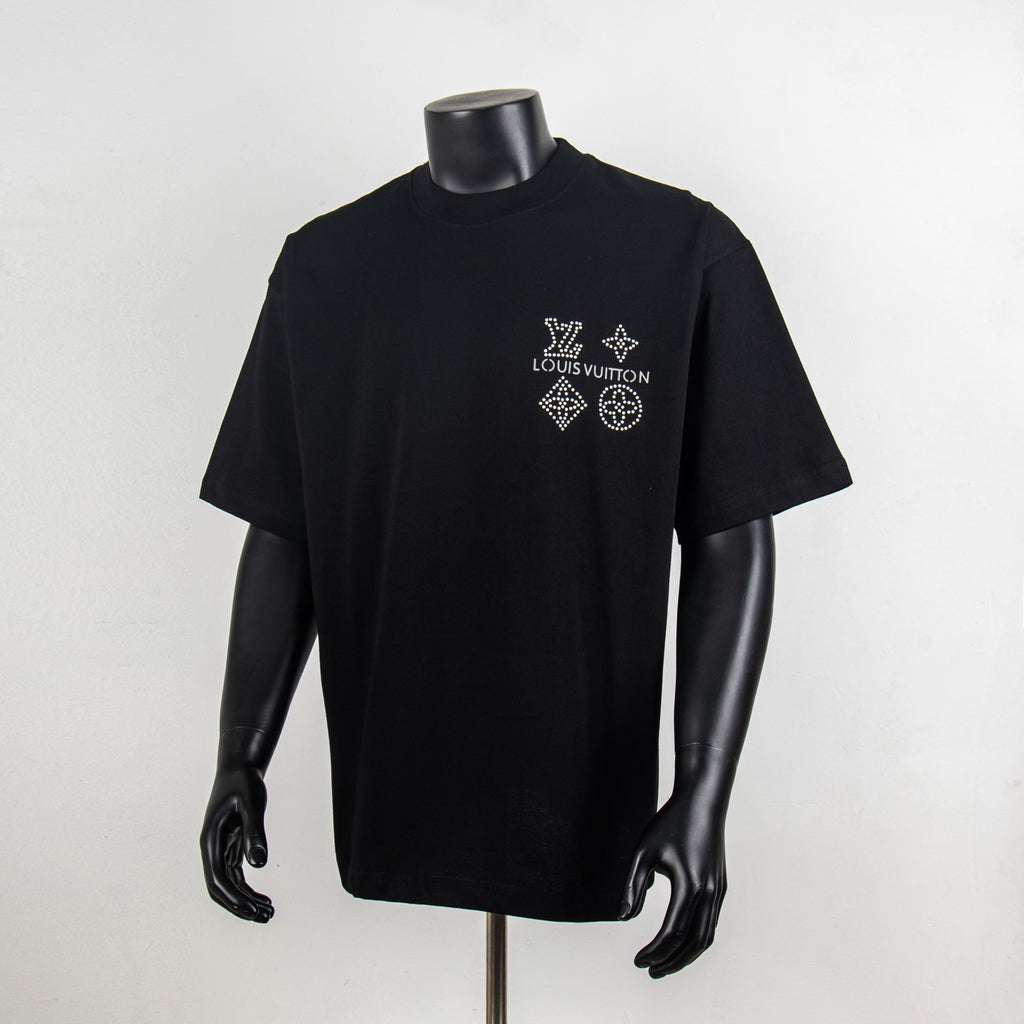Black short-sleeve T-shirt with Louis Vuitton logo and rhinestone graphics