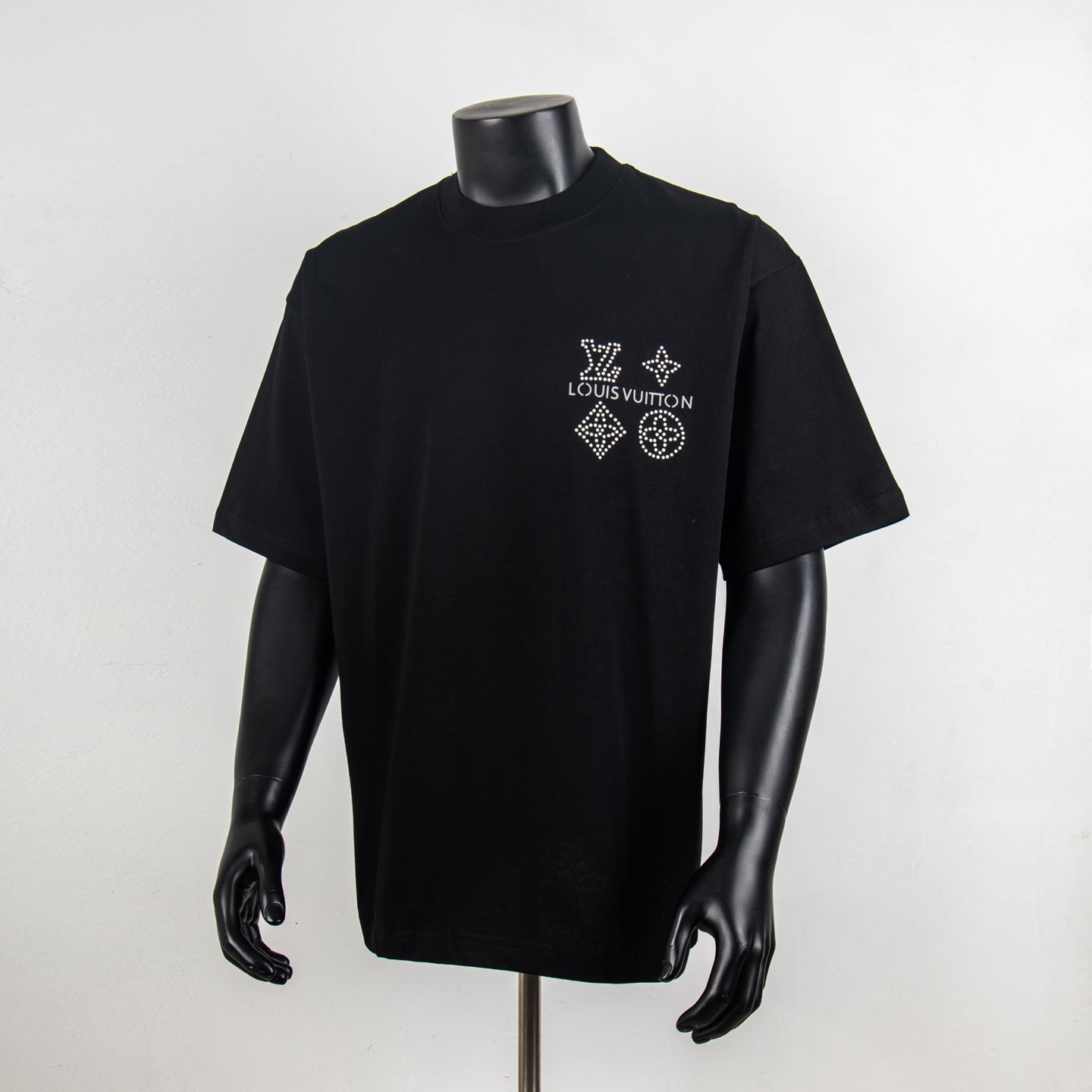 Black short-sleeve T-shirt with Louis Vuitton logo and rhinestone graphics