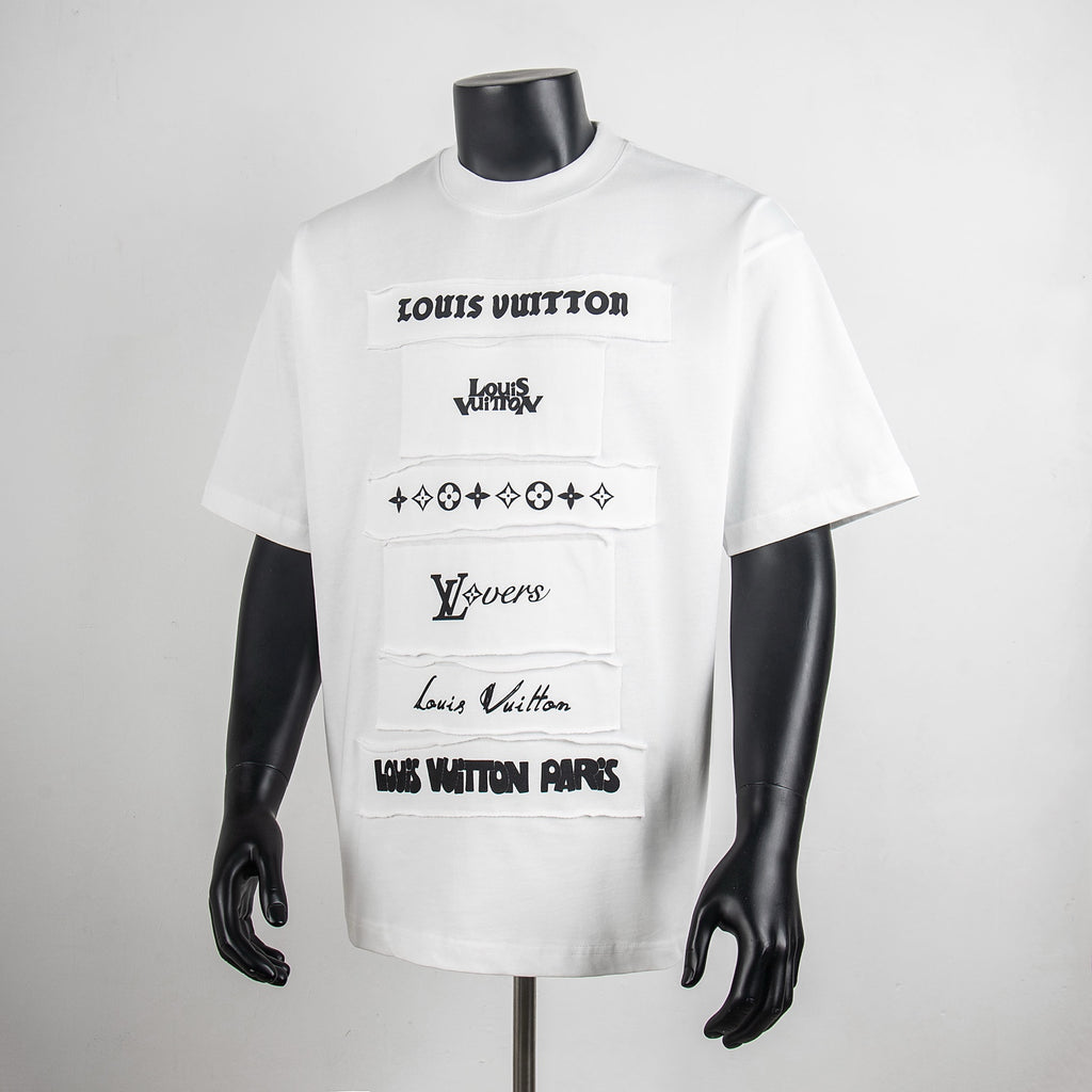 White crew-neck T-shirt with black Louis Vuitton graphic panel prints, short sleeves