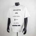 White crew-neck T-shirt with black Louis Vuitton graphic panel prints, short sleeves